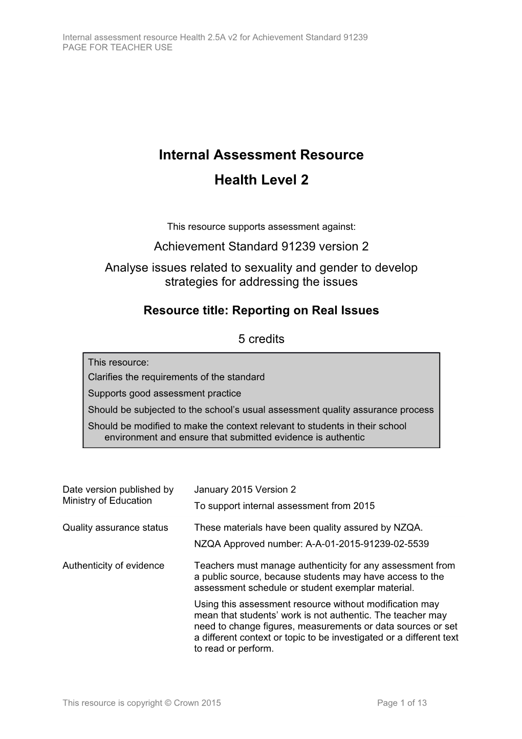 Level 2 Health Internal Assessment Resource