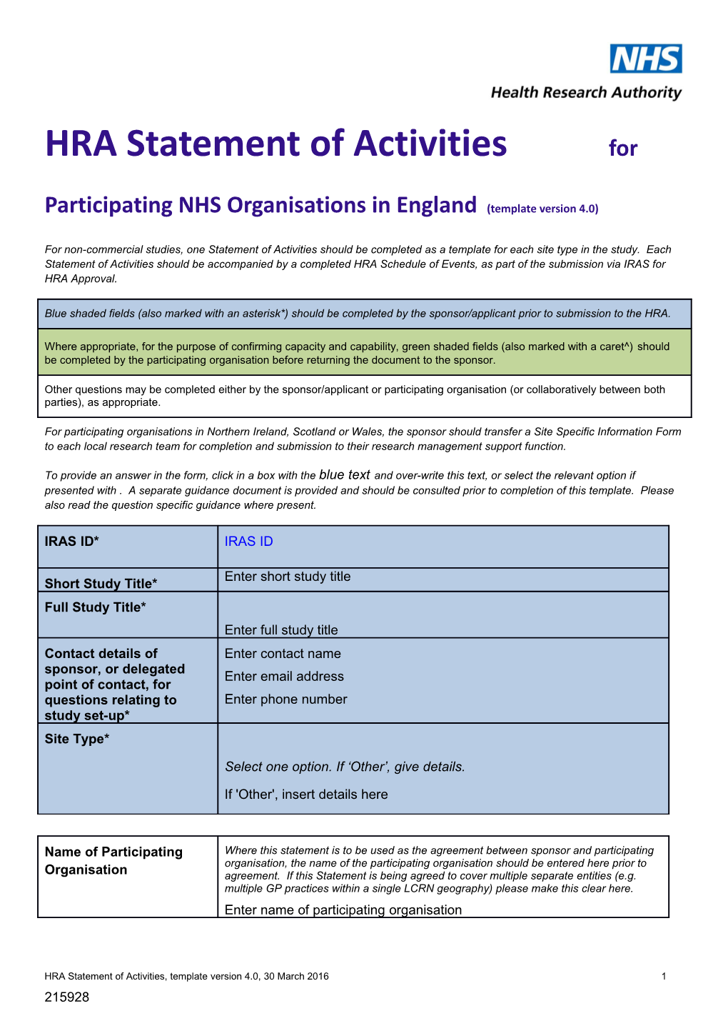HRA Statement of Activities for Participating NHS Organisations in England (Template Version