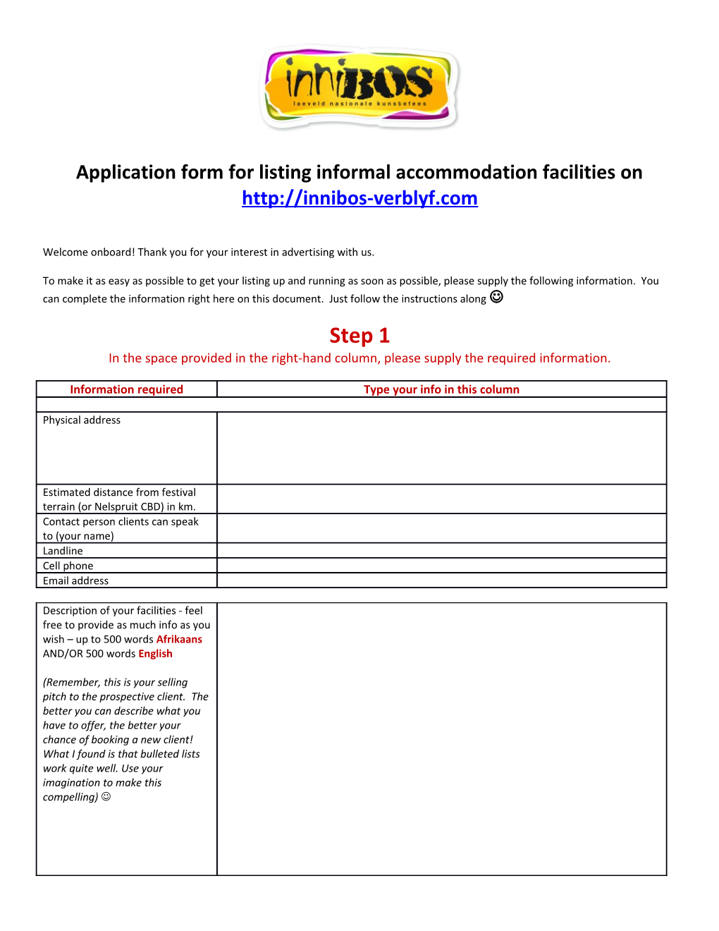 Application Form for Listing Informal Accommodation Facilities On