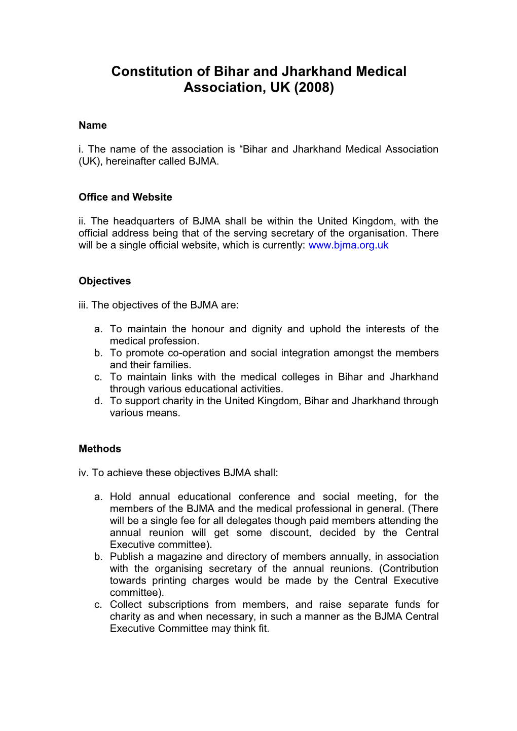 Constitution of Bihar and Jharkhand Medical Association, UK