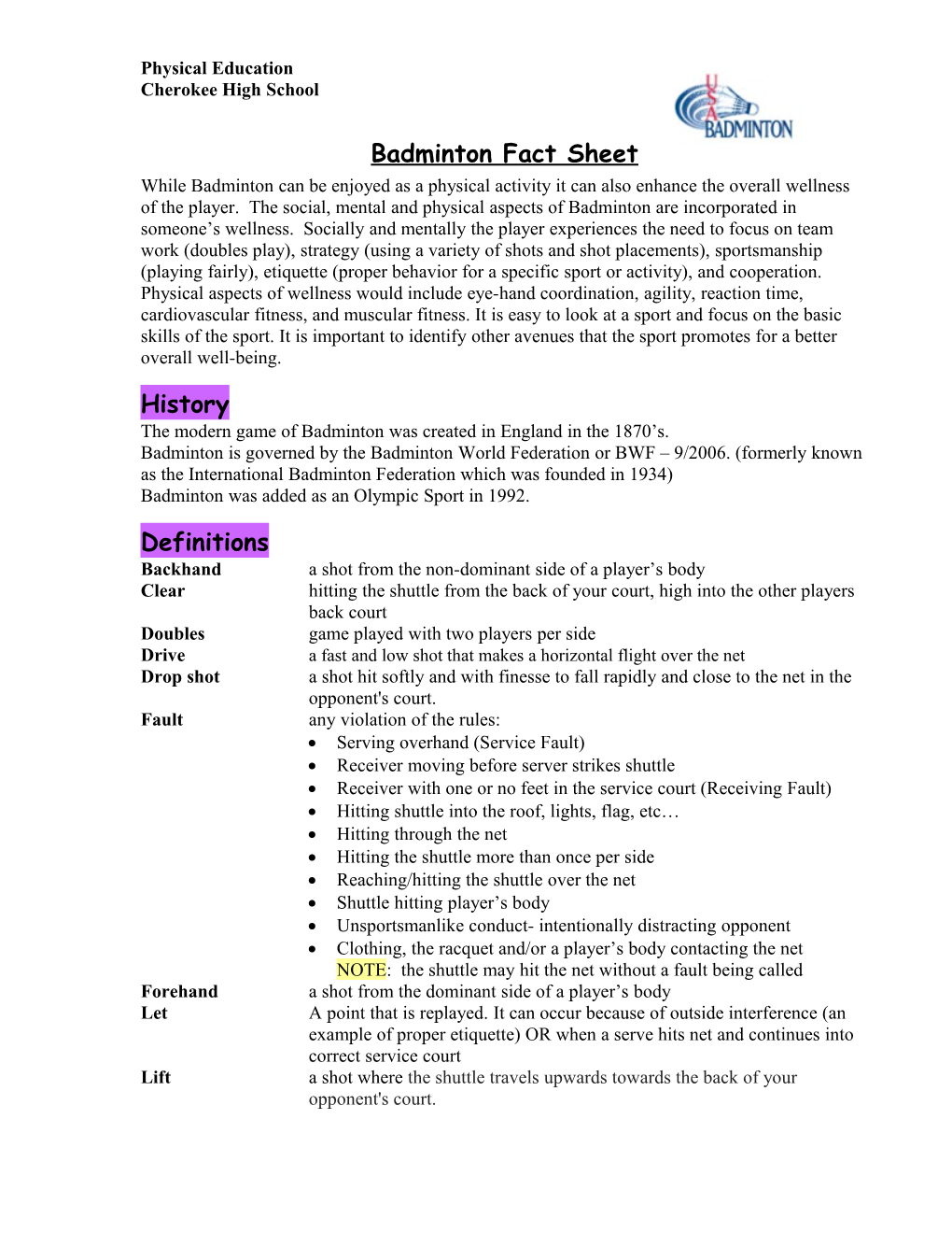 Badminton Fact Sheet
