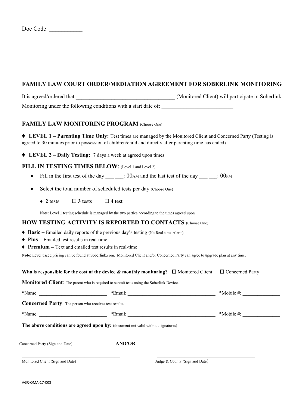 Family Law Court Order/Mediation Agreement for Soberlink Monitoring