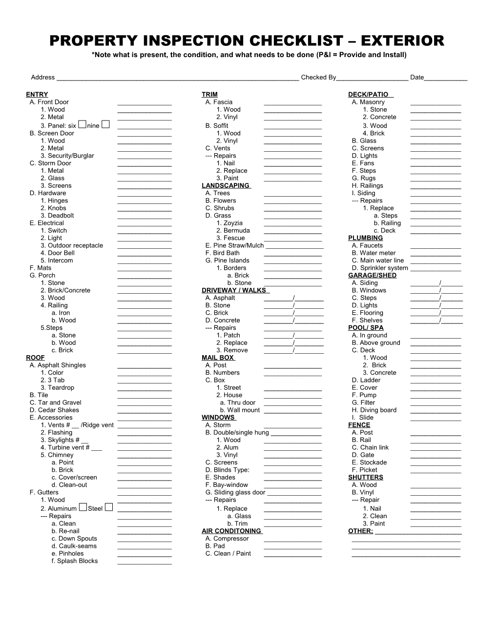 Property Inspection Checklist - Exterior