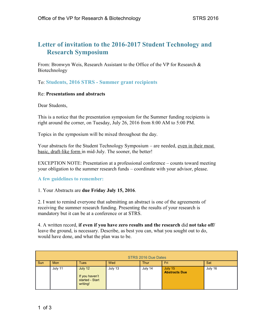 Letter of Invitation to the 2016-2017 Student Technology and Research Symposium