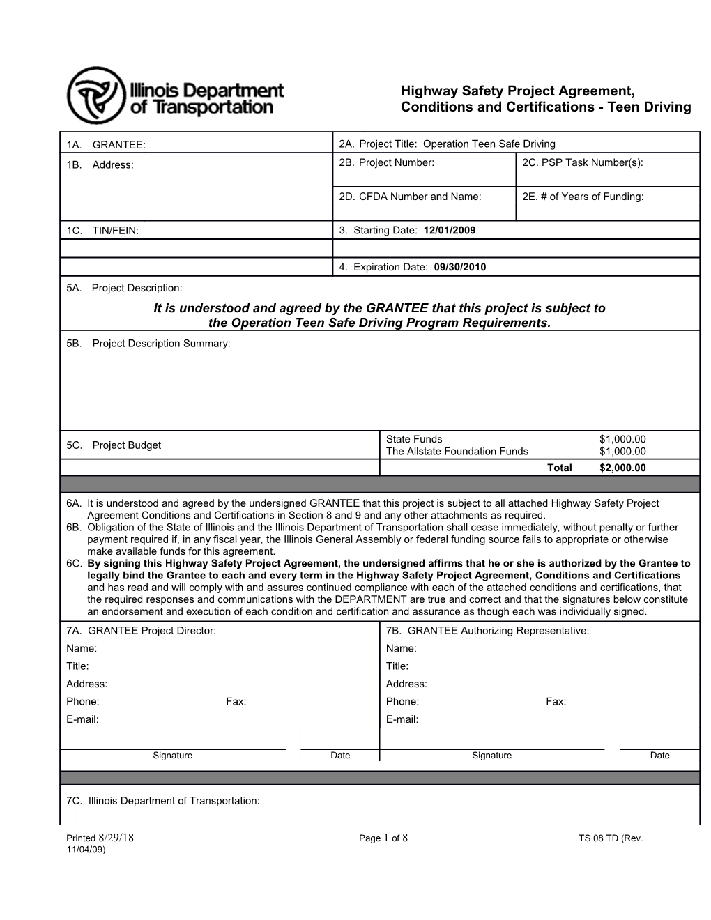 Highway Safety Project Agreement, Conditions and Certifications - Teen Driving