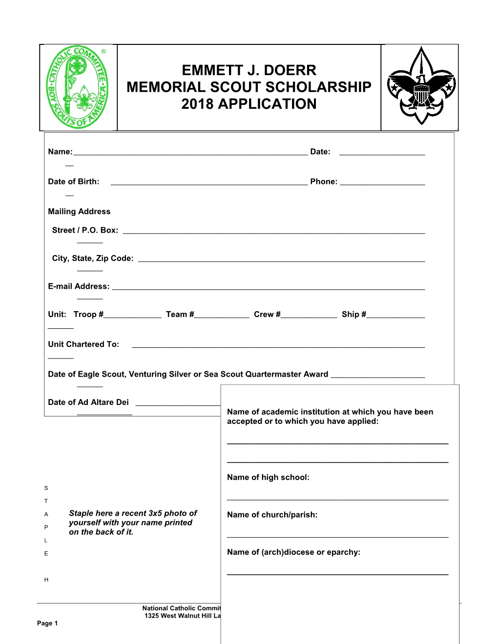 Emmett J. Doerr Memorial Scout Scholarship Application