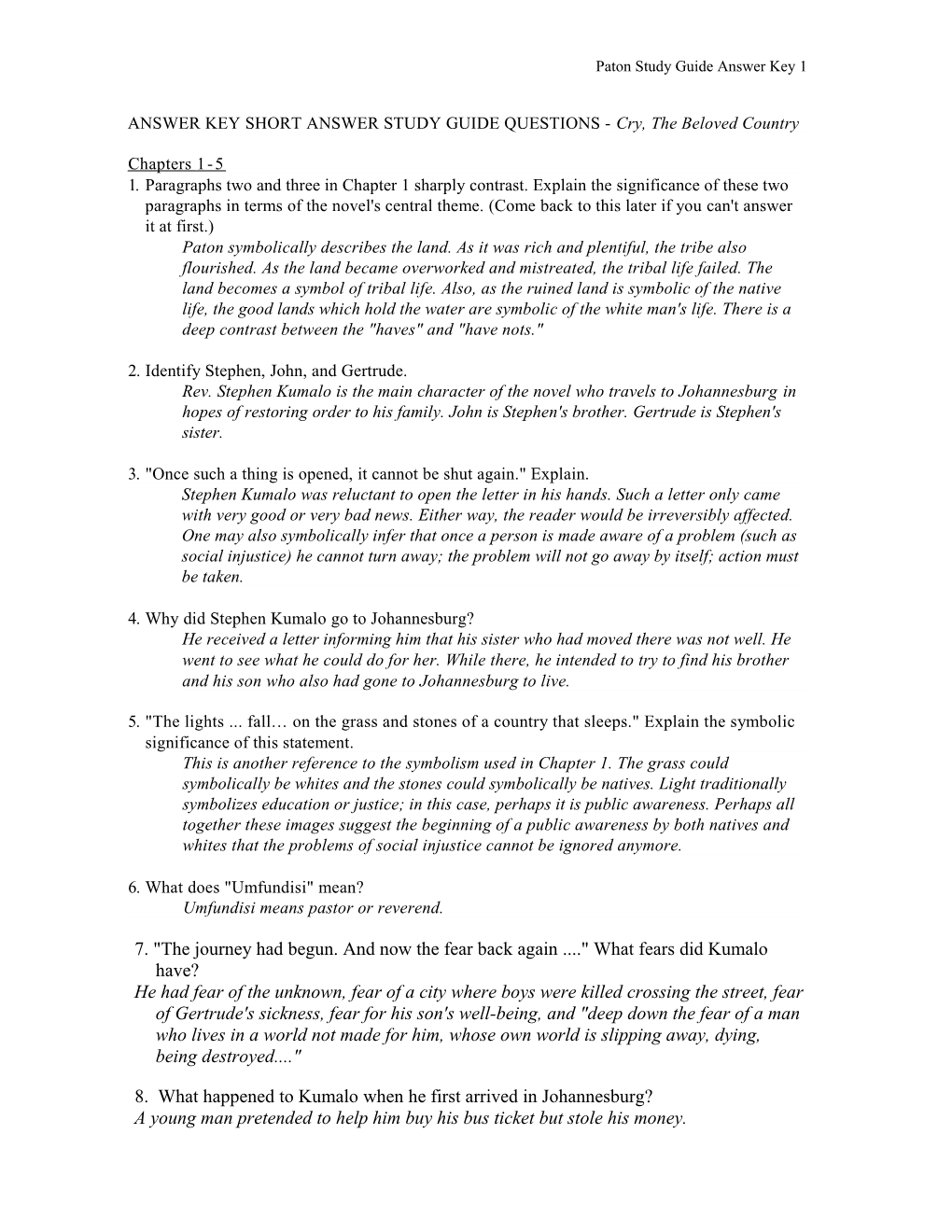 ANSWER KEY SHORT ANSWER STUDY GUIDE QUESTIONS - Cry, The Beloved Country