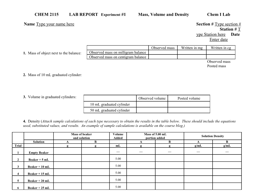 CHEM 2115LAB REPORT Experiment #1Mass, Volume and Density Chem I Lab