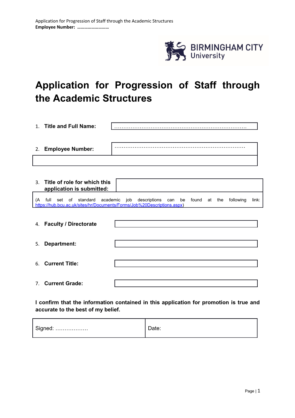 Application Form for Progression Through Academic Pay Structures