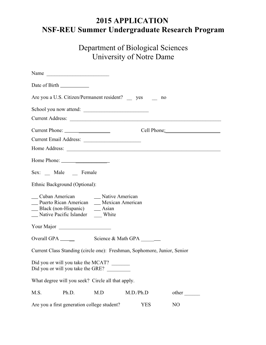 NSF-REU Summer Undergraduate Research Program