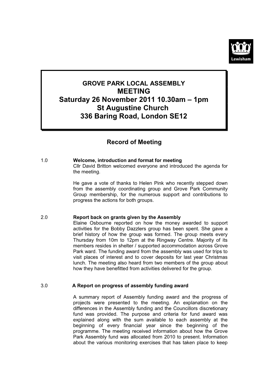 Grove Park Assembly Meeting 26 November 2011