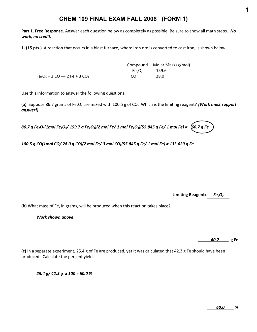Chem 109 Final Exam Fall 2008 (Form 1)