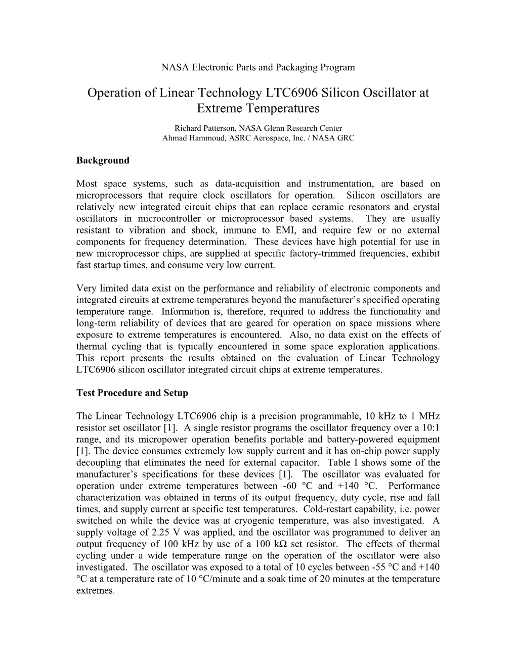 Operation of Linear Technology LTC6906 Silicon Oscillator at Extreme Temperatures