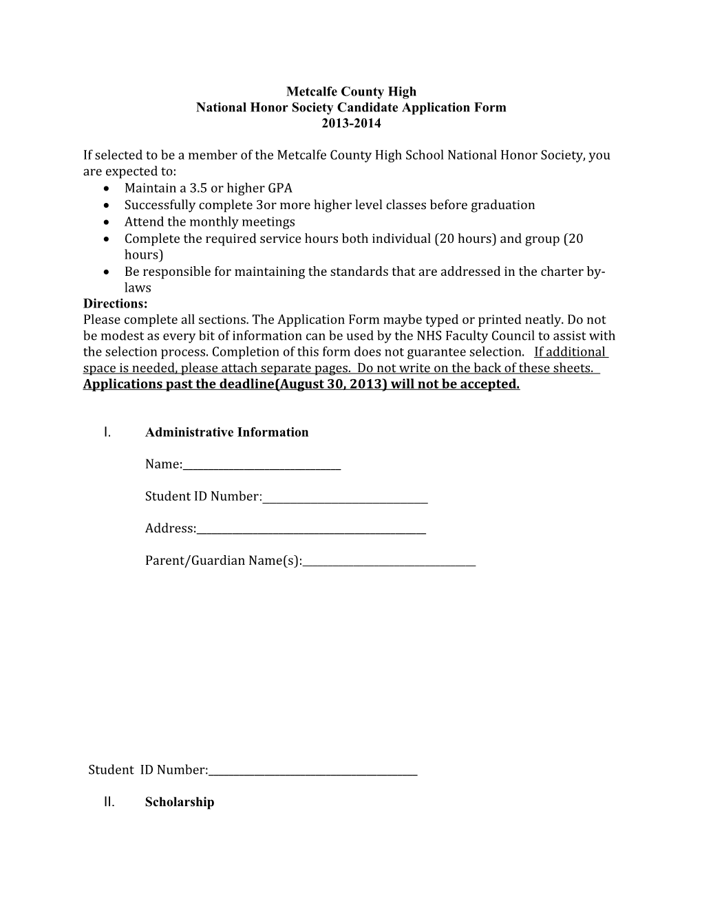 National Honor Society Candidate Application Form