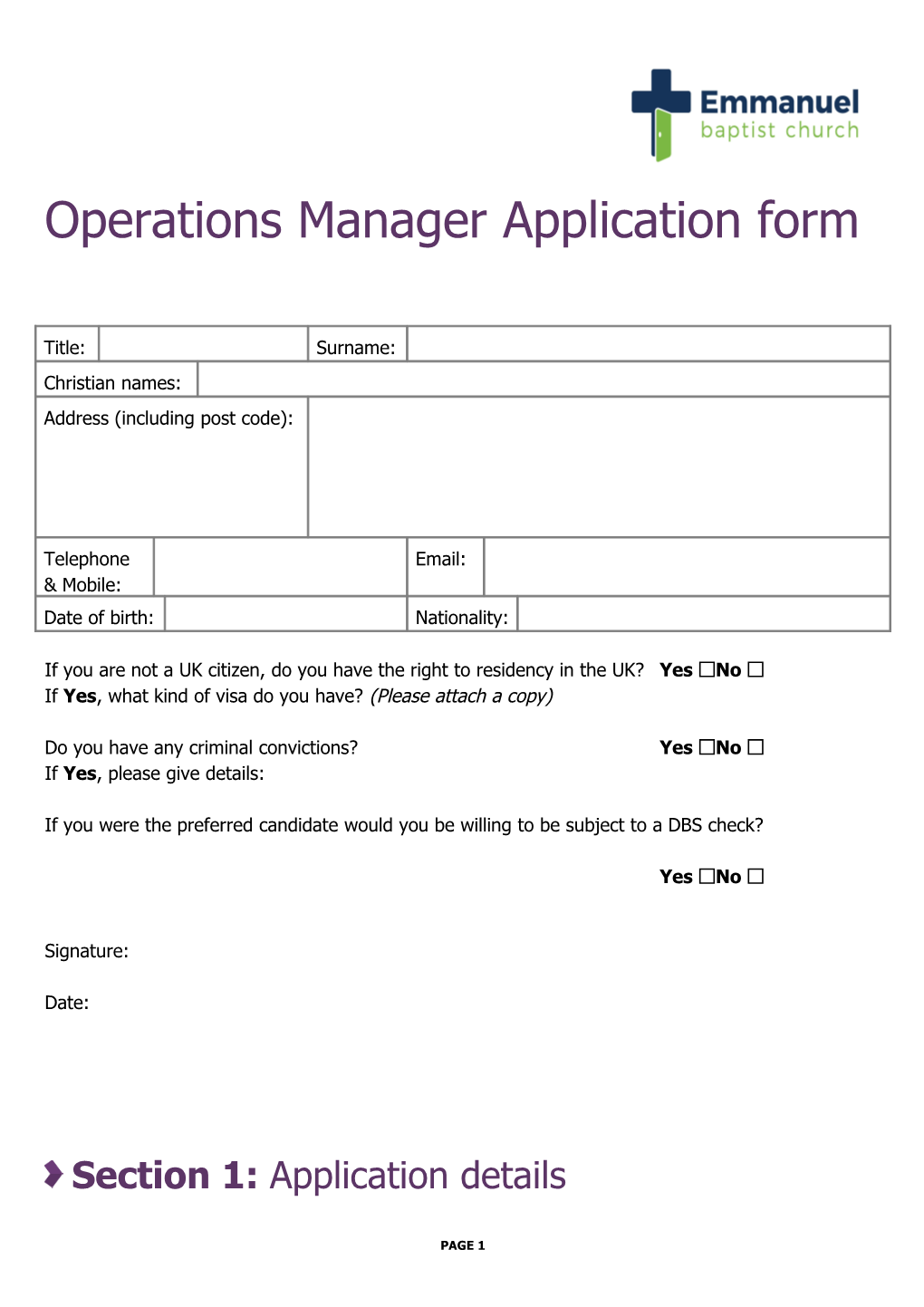 Operations Manager Application Form