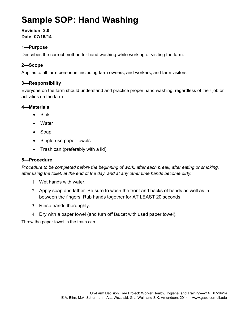 Sample SOP: Hand Washing