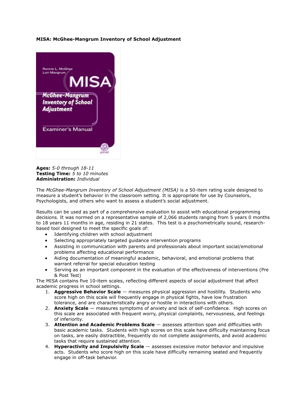 MISA: Mcghee-Mangrum Inventory of School Adjustment