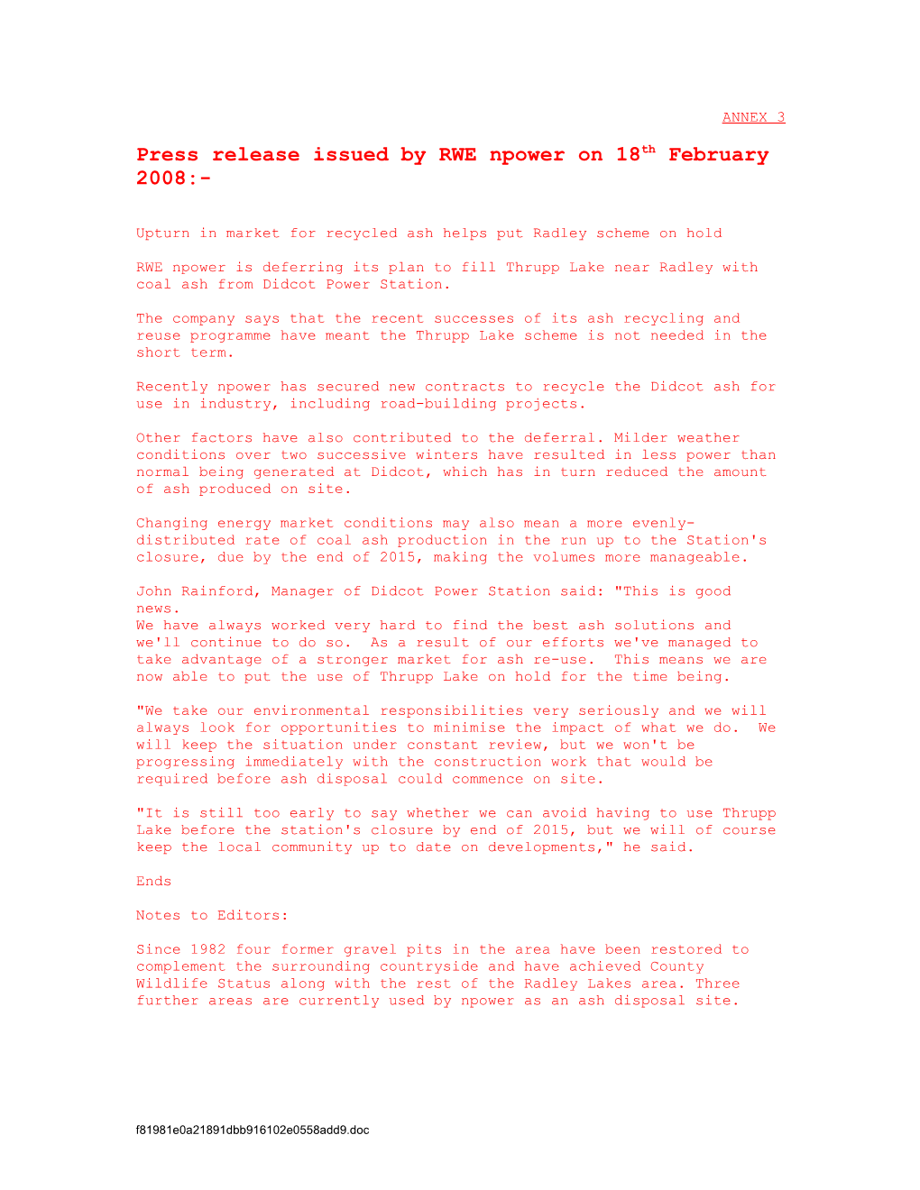 Press Release Issued by RWE Npower on 18Th February 2008