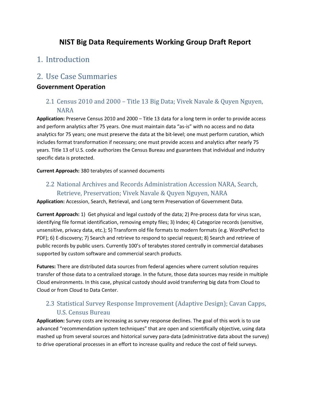 NIST Big Data Requirements Working Group Draft Report