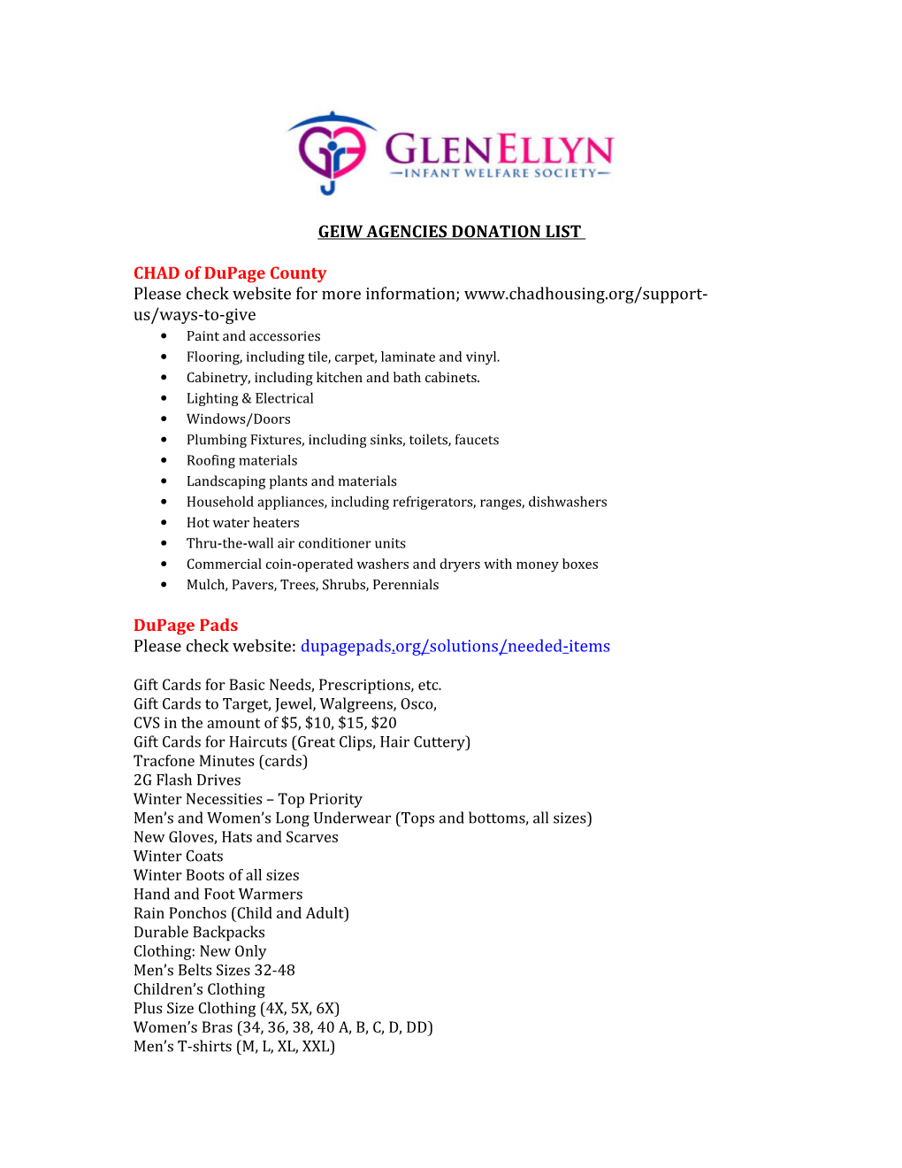 Geiw Agencies Donation List