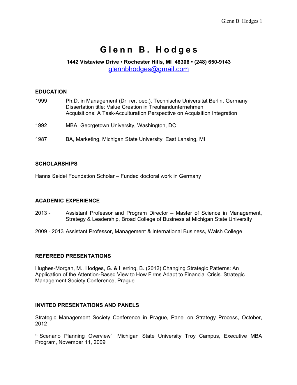 Glenn B. Hodges Executive Resume