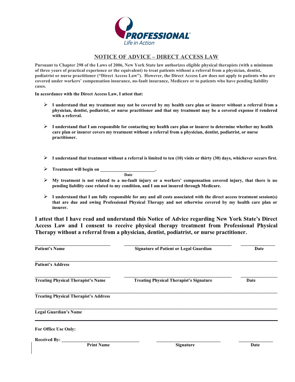 Notice of Advice Direct Access Law