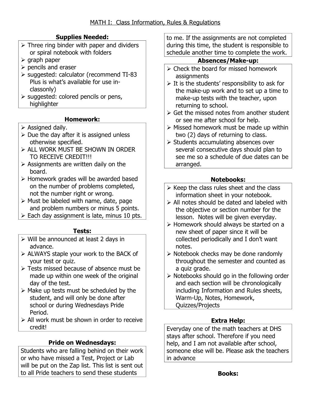 Class Information: Advanced Functions & Modeling