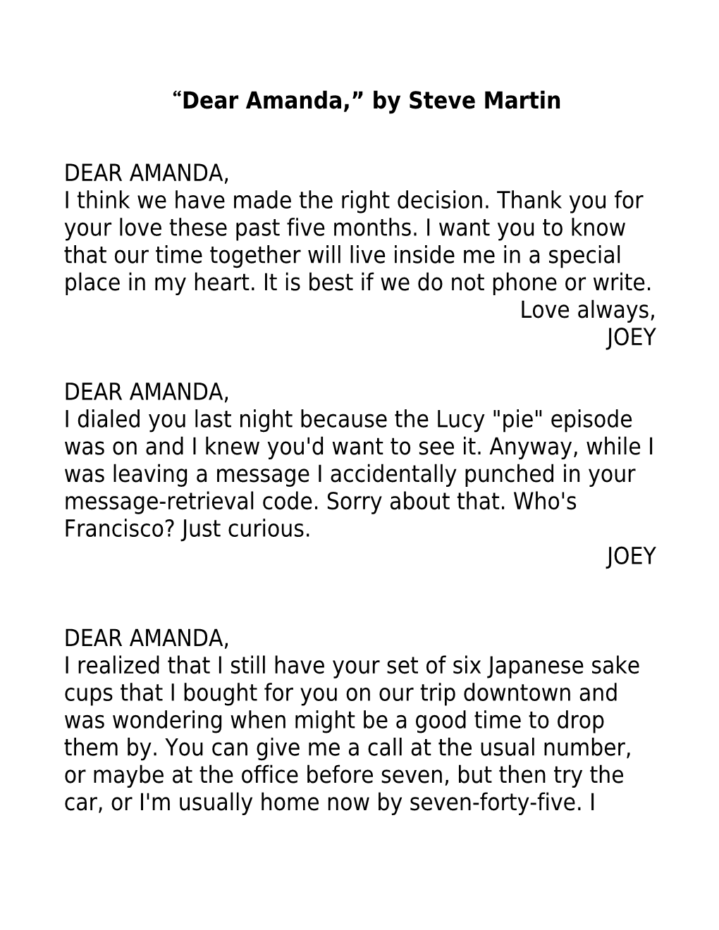 Dear Amanda, by Steve Martin