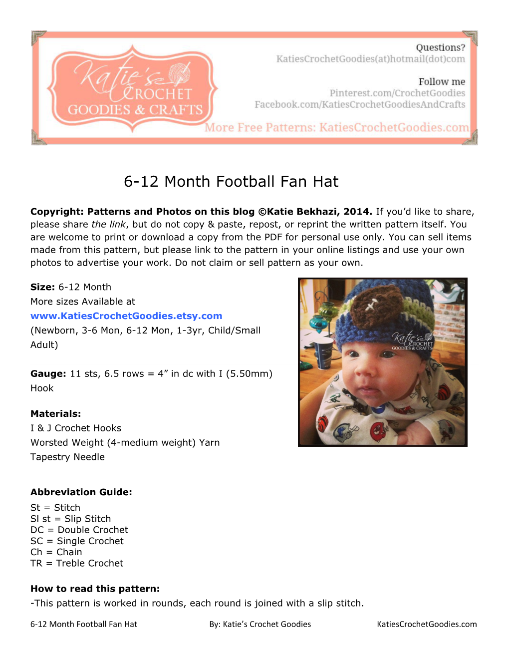 6-12 Month Football Fan Hat