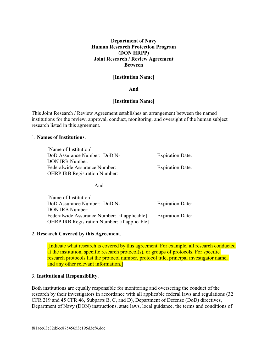 DON HRPP Joint Research Agreementbetween Institution Name and Institution Name