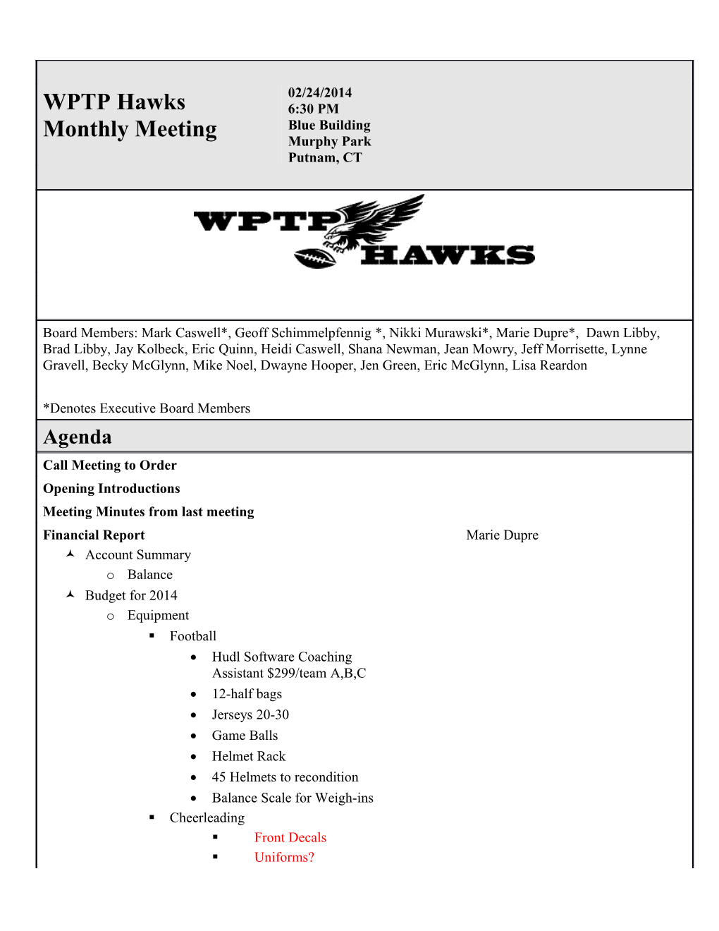 WPTP Hawks Monthly Meeting