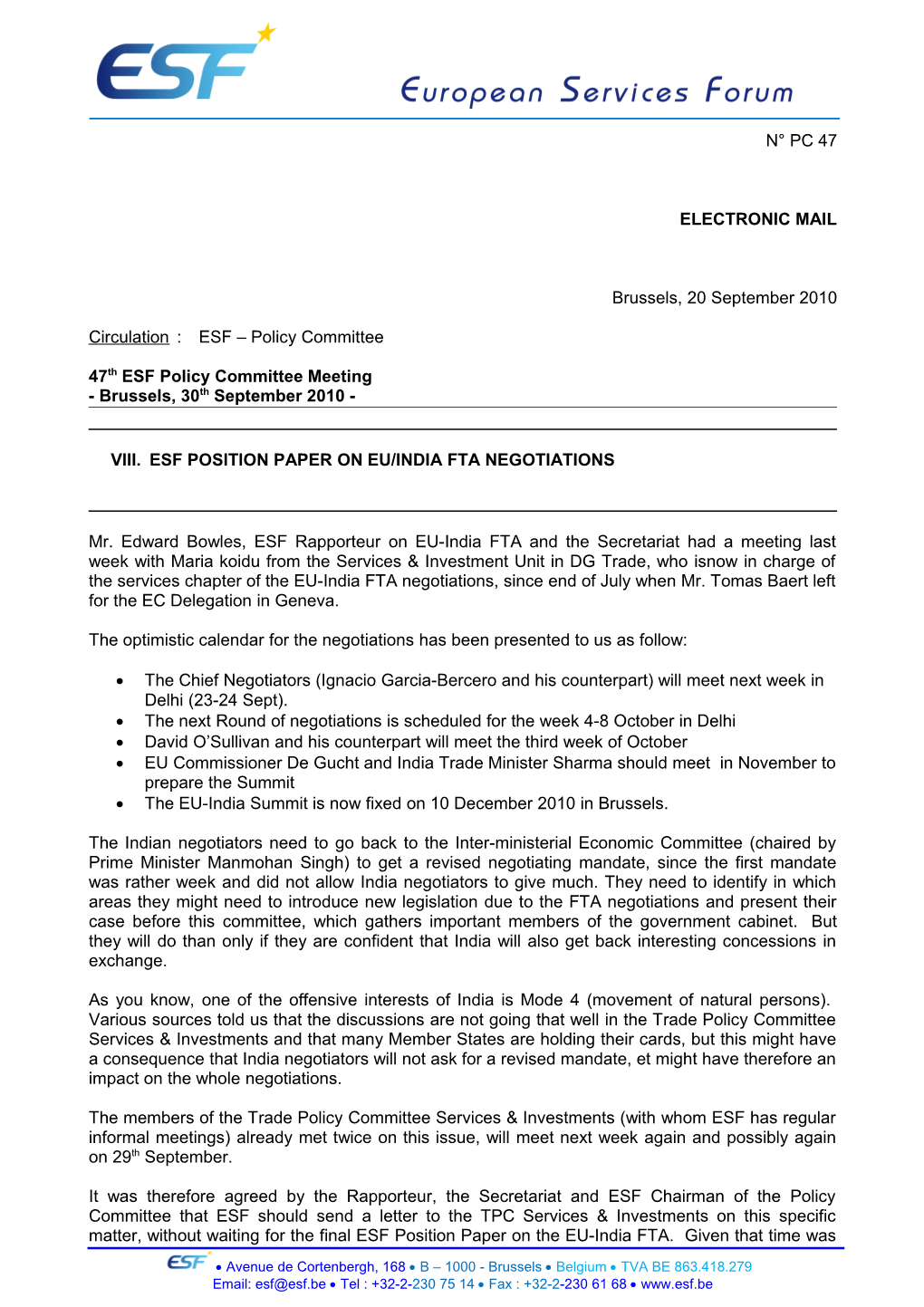 VIII.ESF Position Paper on EU/INDIA FTA Negotiations