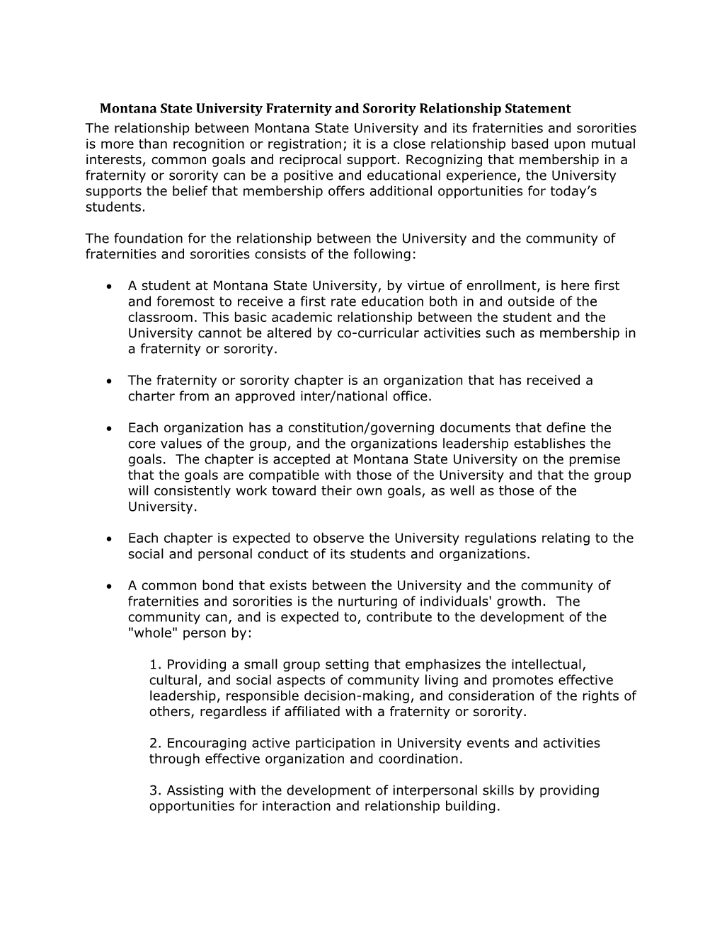 Montana State University Fraternity and Sorority Relationship Statement