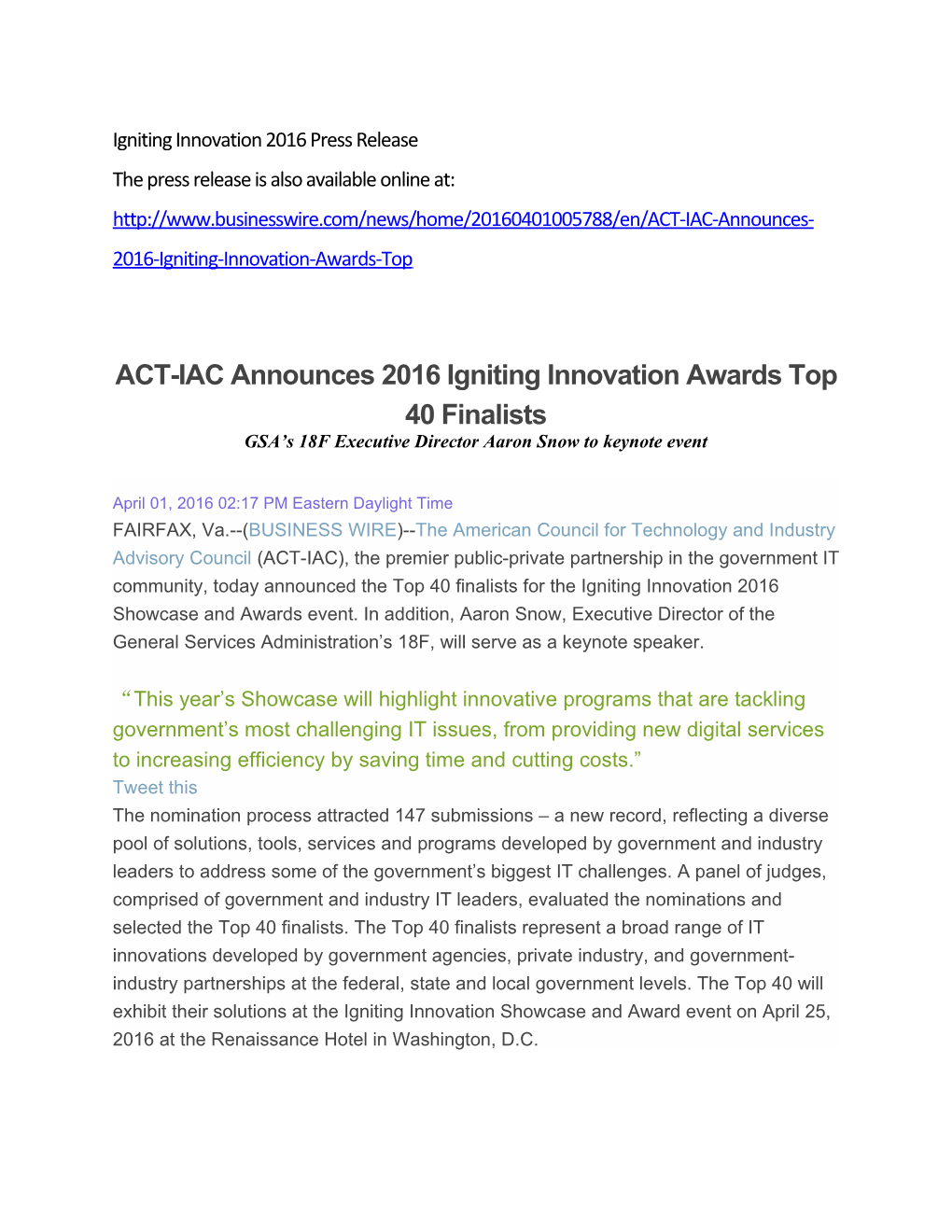 ACT-IAC Announces 2016 Igniting Innovation Awards Top 40 Finalists