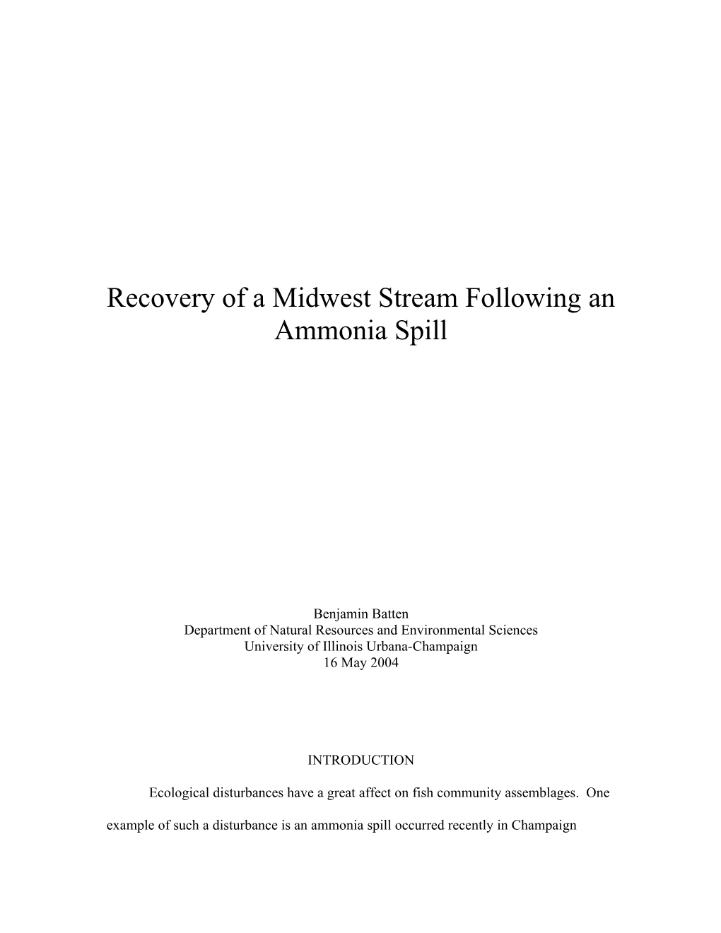 Recovery of a Midwest Stream Following an Ammonia Spill