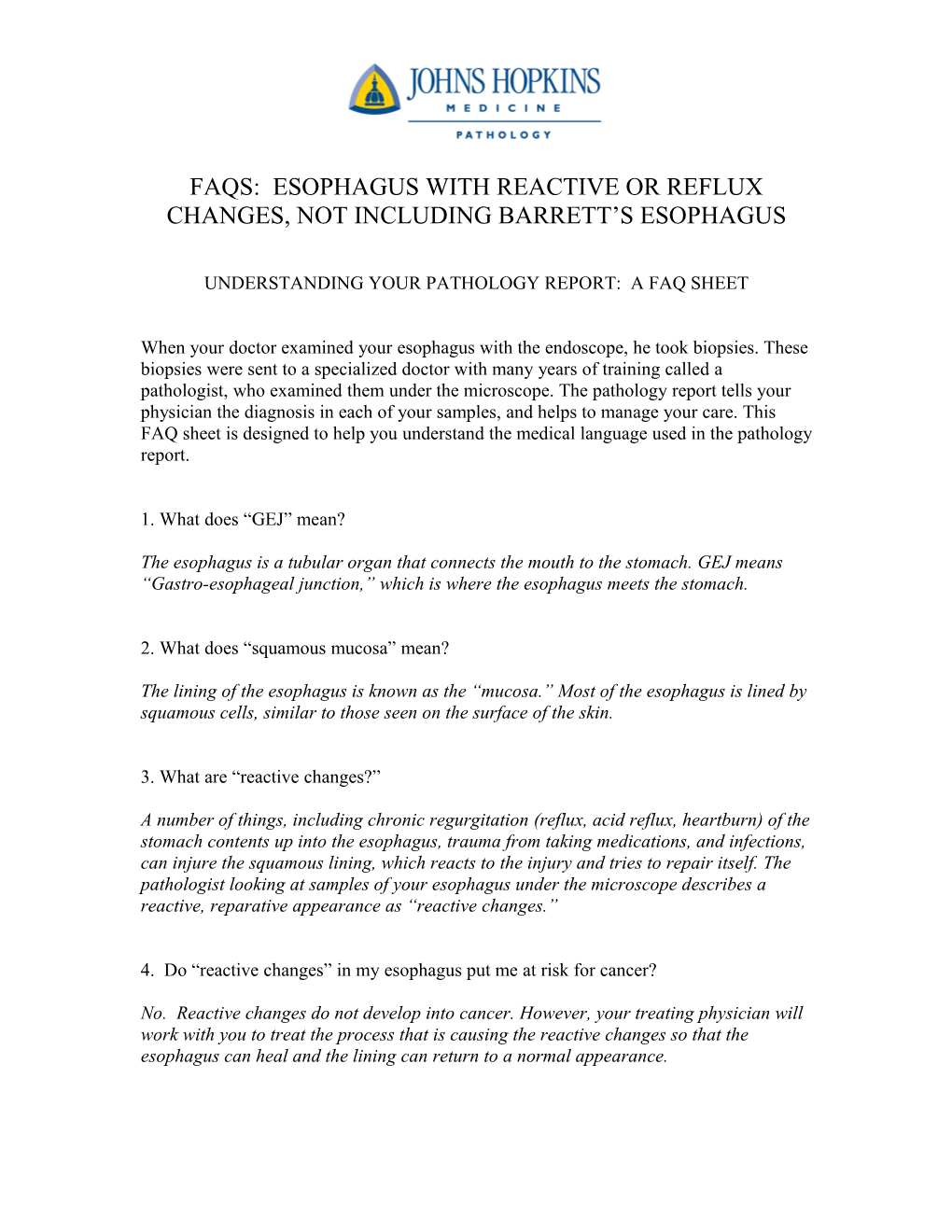 Faqs: Esophagus With Reactive Or Reflux Changes (No Barretts)