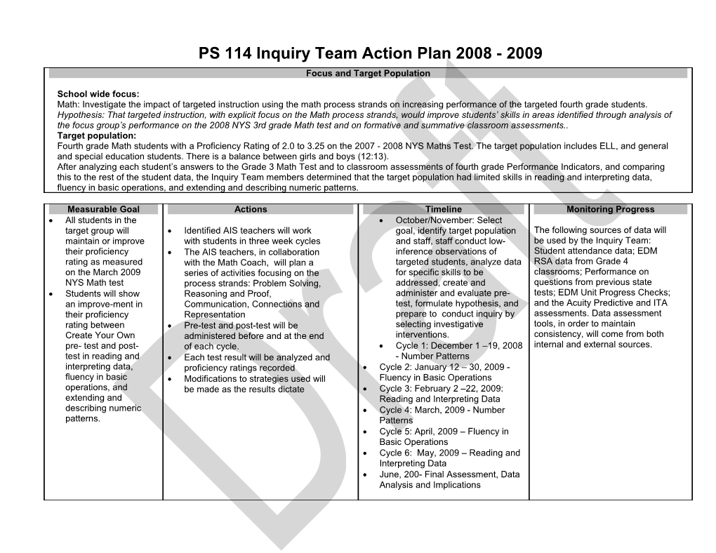 PS 114 Inquiry Team Action Plan 2008 - 2009