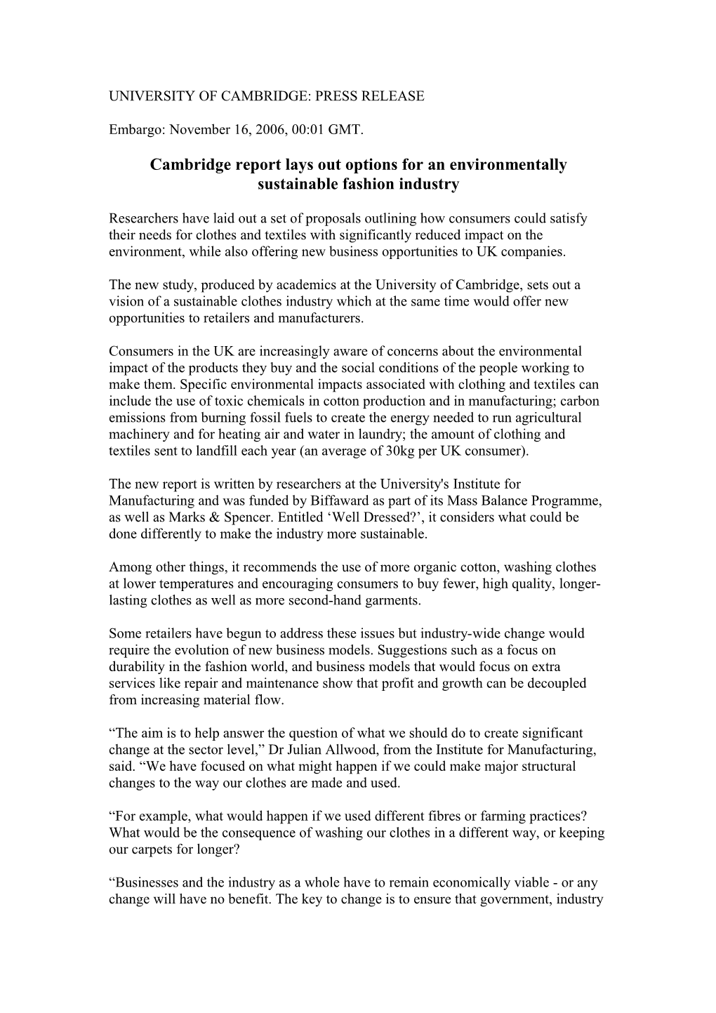 University of Cambridge: Press Release