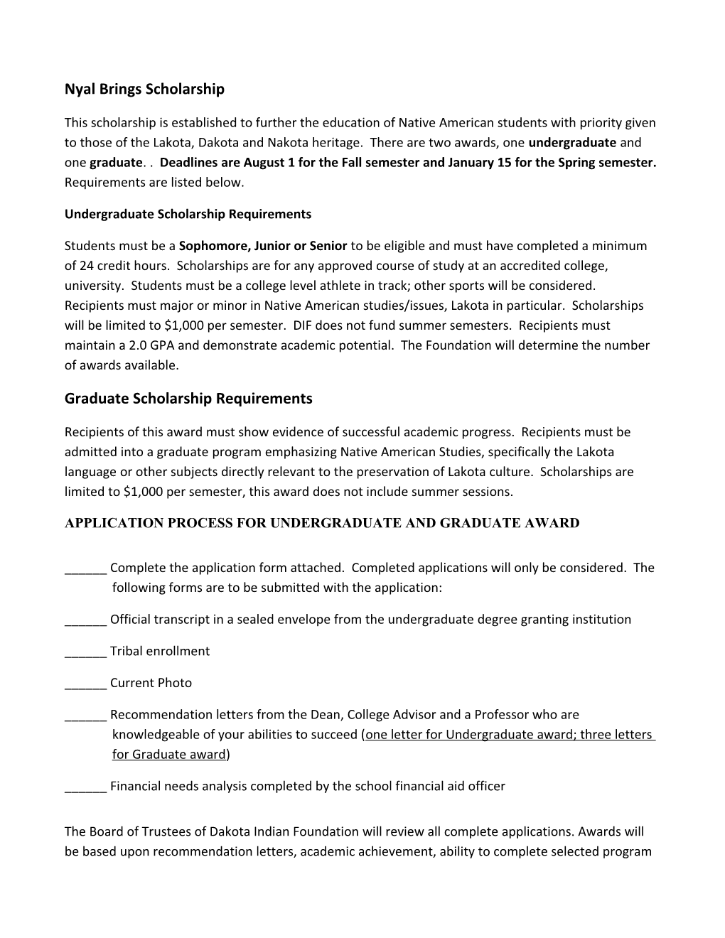 Dakota Indian Founation Scholarship Application