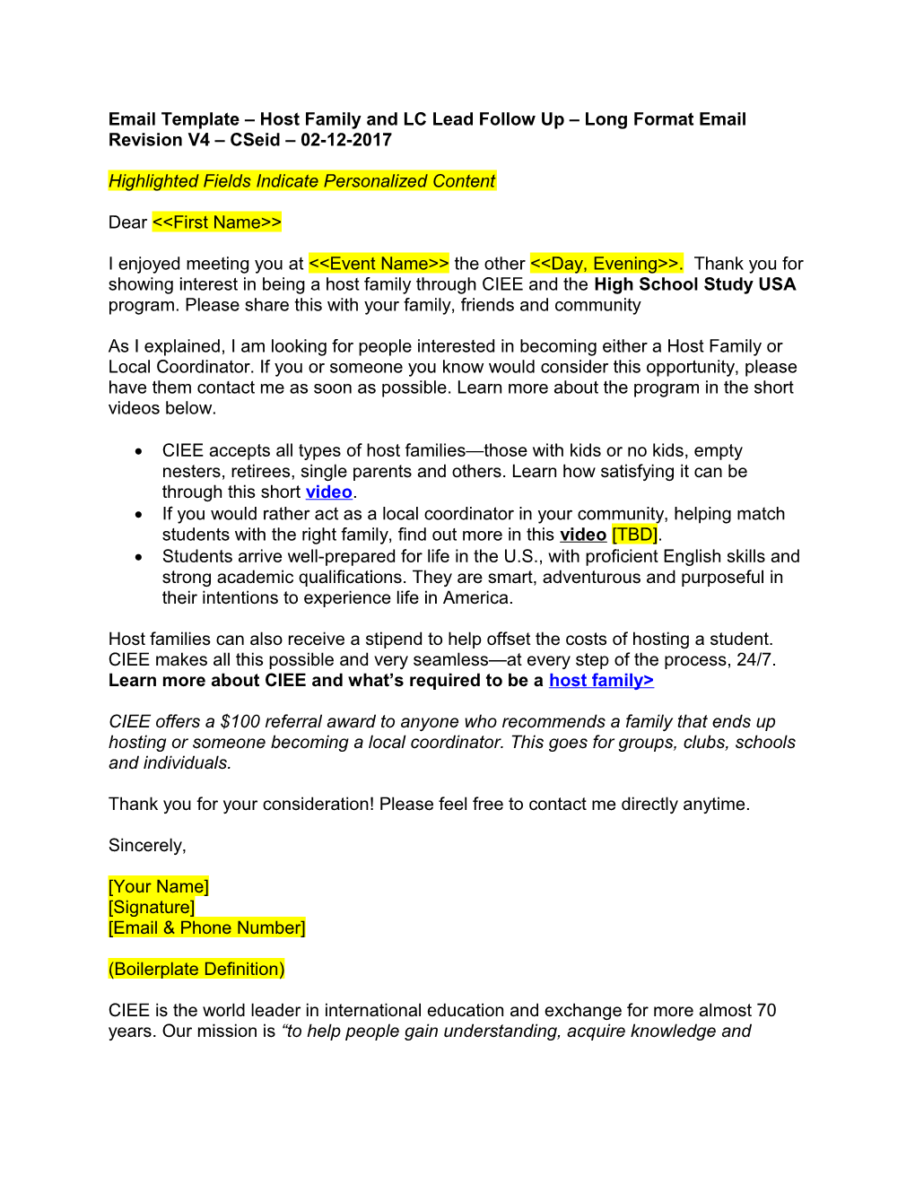 Email Template Host Family and LC Lead Follow up Long Format Email