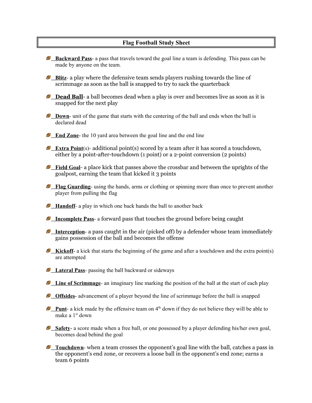 Flag Football Study Sheet