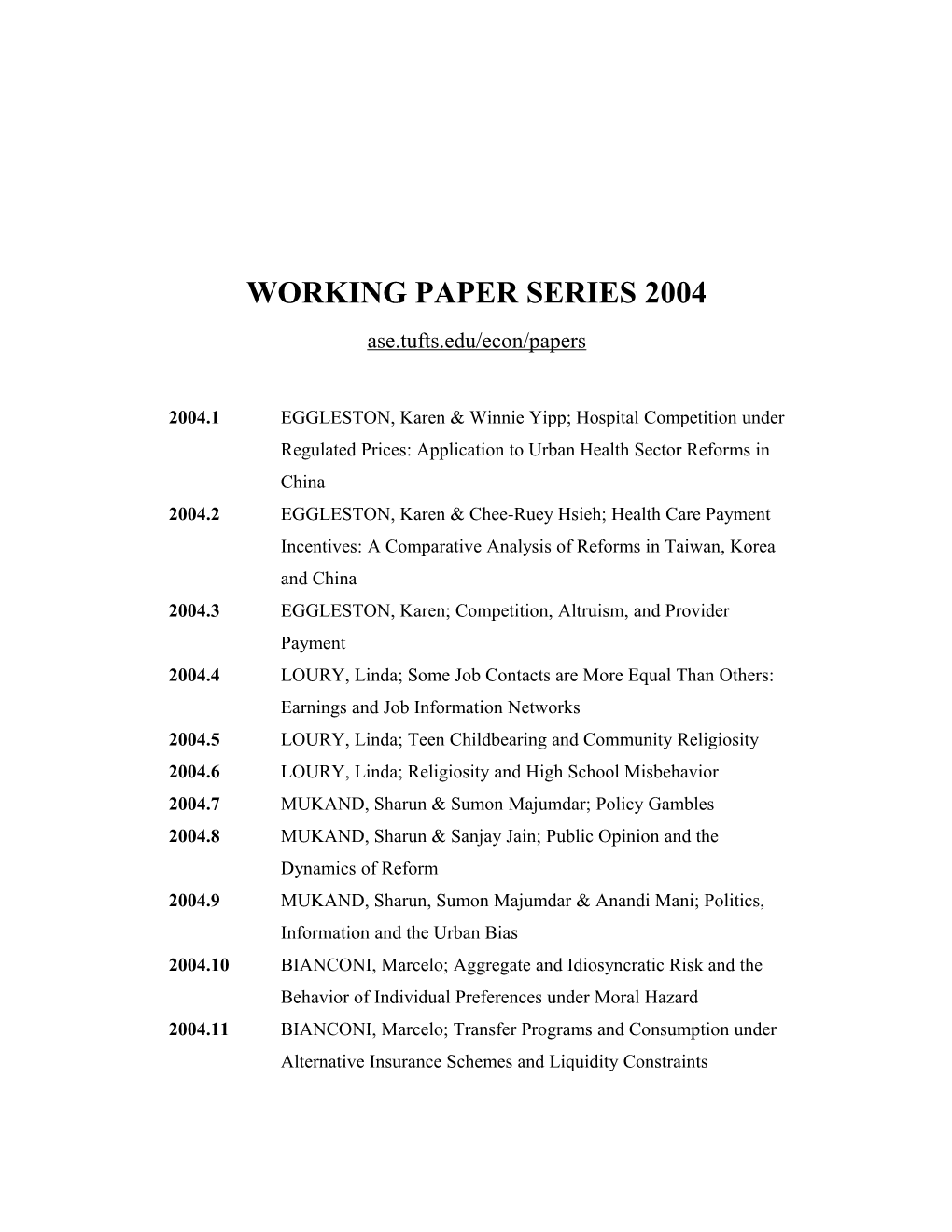 Working Paper Series 2001