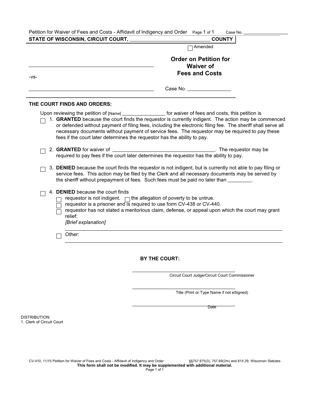 CV-410B: Order on Petition for Waiver of Fees and Costs