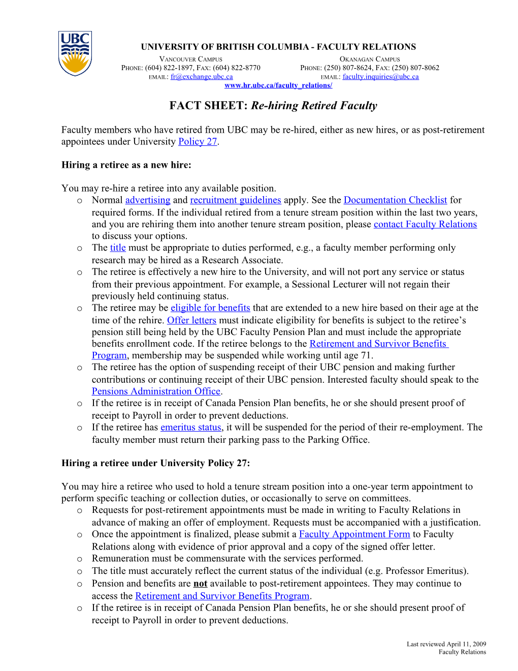 Fact Sheet: Rehiring Retired Faculty