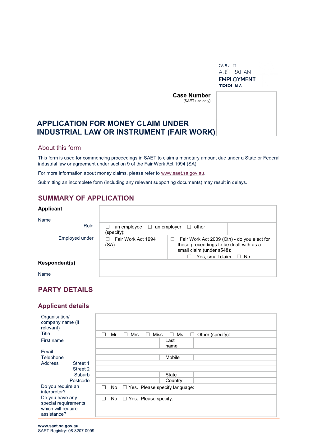 Application Money Claim