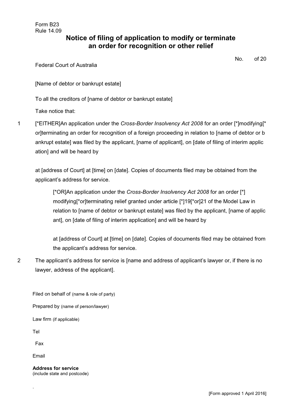FCA Bankruptcy Form B23