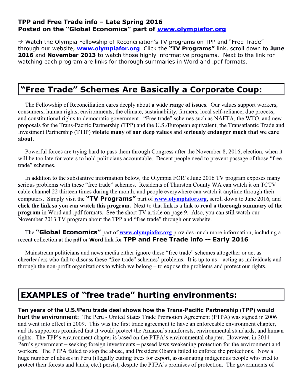 TPP and Free Trade Info Late Spring 2016