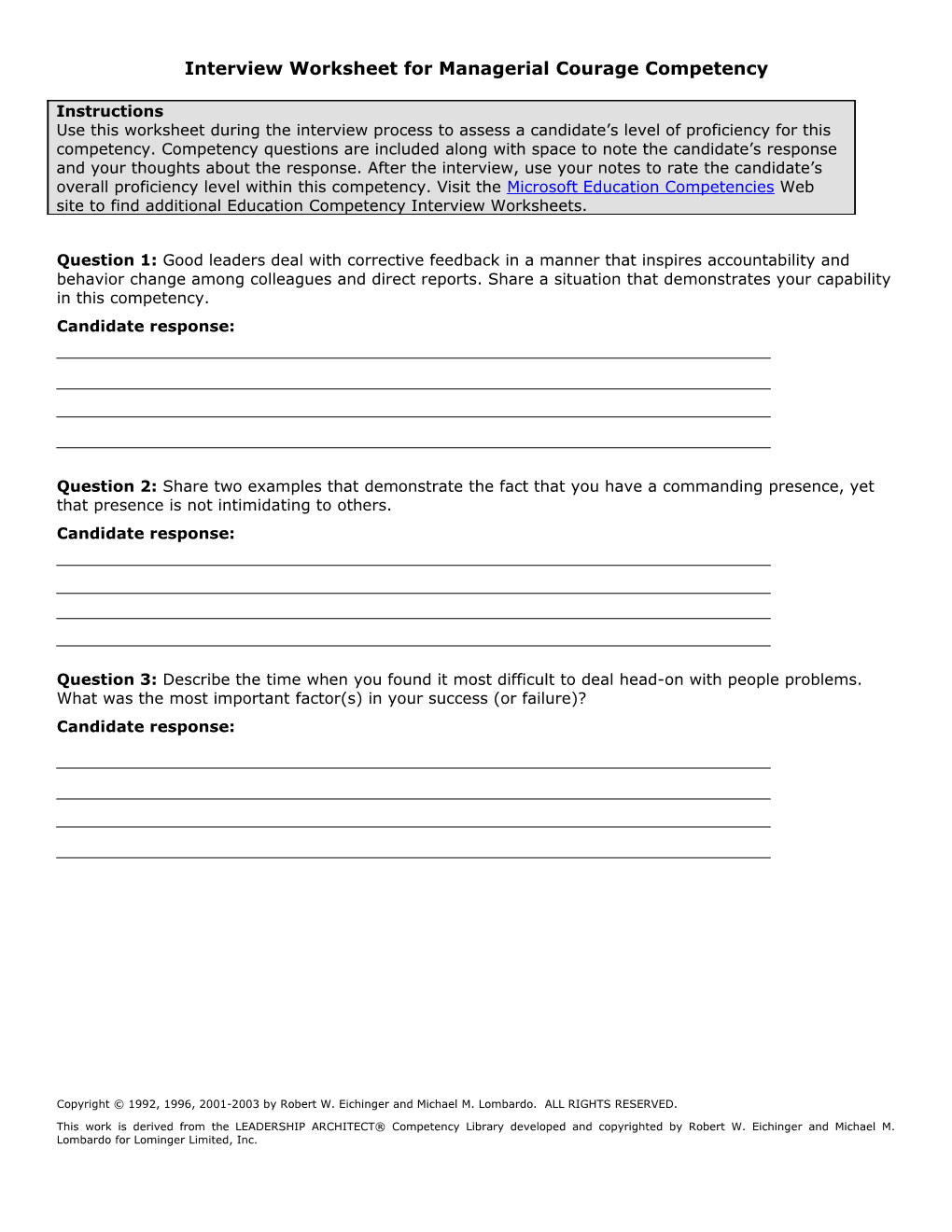 Interview Worksheet for Managerial Courage Competency