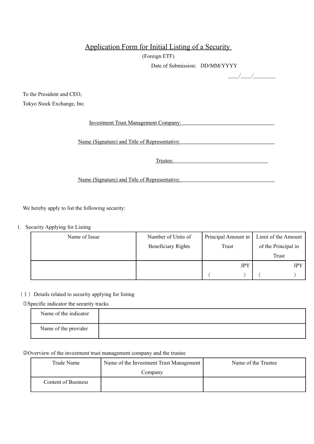 Application Form for Initial Listing of a Security