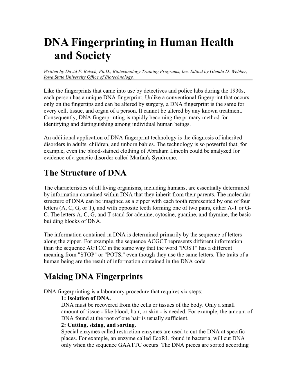 DNA Fingerprinting in Human Health and Society